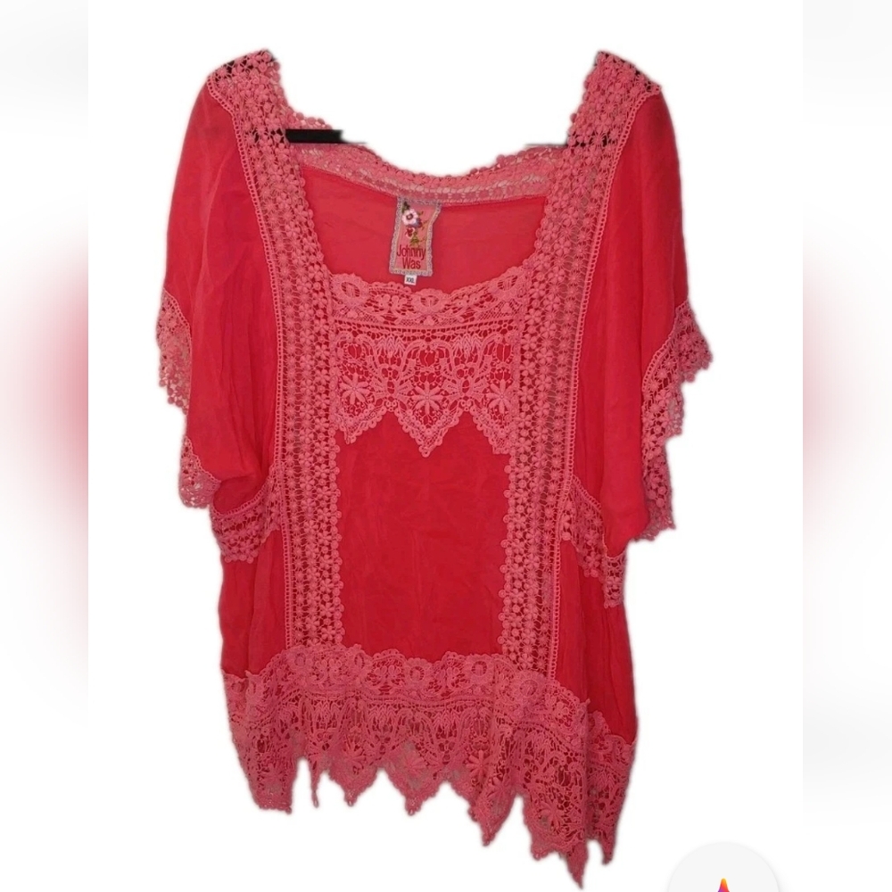 Johnny Was Boho Crochet Lace Georgette Top Woman XXL Crinkle Barbie Pink Coastal - Picture 6 of 15